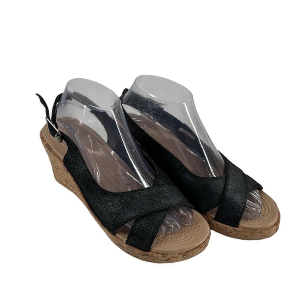 Crocs A Leigh Wedge sandal cork leather upper shoe metallic sheen comfort sz 8